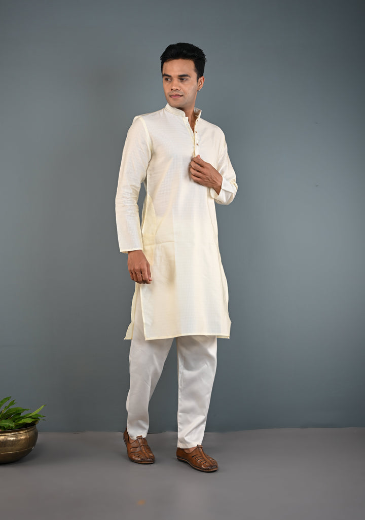 Off White Kurta with Brocade and Pajama Set for Men | Made to Order
