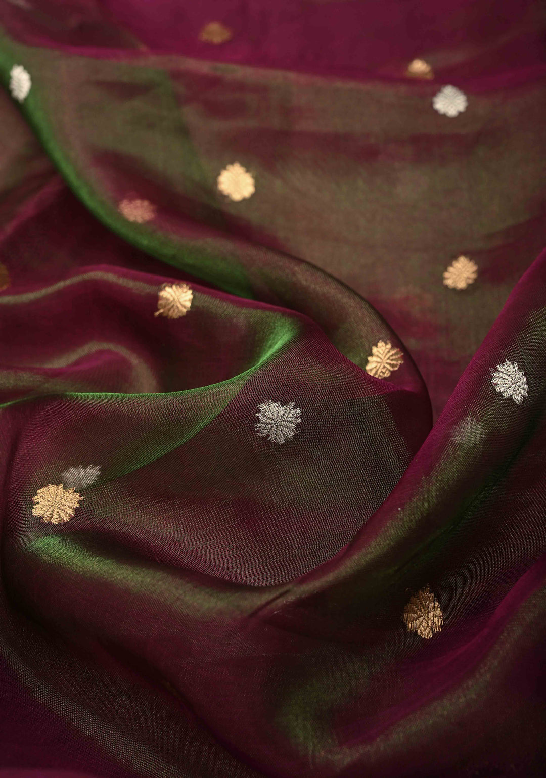 Purple-Green Dual tone Organza Tissue Silk Saree with Sona Rupa Zari Buttas and Fancy Lace Trim Border | SILK MARK CERTIFIED | SHOBITAM
