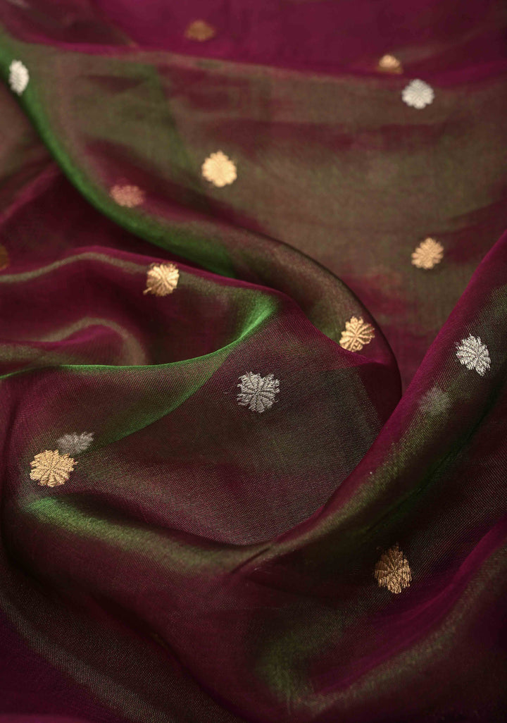 Purple-Green Dual tone Organza Tissue Silk Saree with Sona Rupa Zari Buttas and Fancy Lace Trim Border | SILK MARK CERTIFIED | SHOBITAM