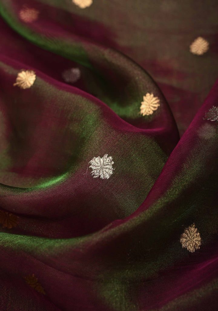Purple-Green Dual tone Organza Tissue Silk Saree with Sona Rupa Zari Buttas and Fancy Lace Trim Border | SILK MARK CERTIFIED | SHOBITAM
