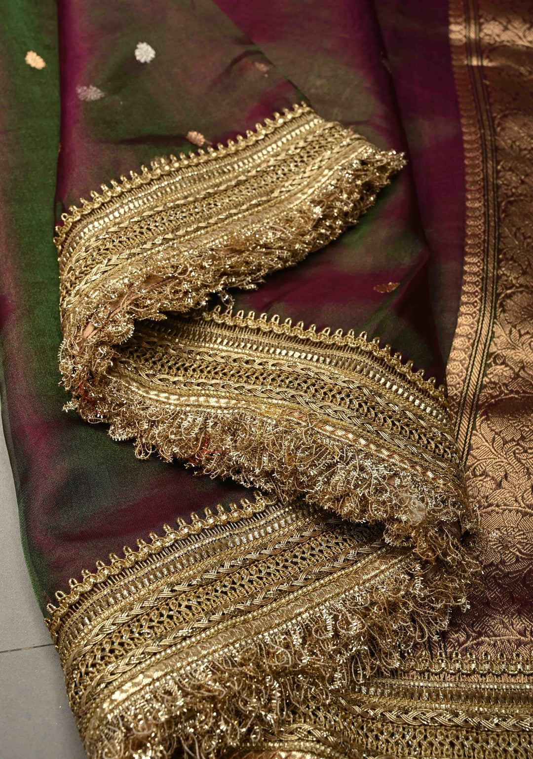 Purple-Green Dual tone Organza Tissue Silk Saree with Sona Rupa Zari Buttas and Fancy Lace Trim Border | SILK MARK CERTIFIED | SHOBITAM