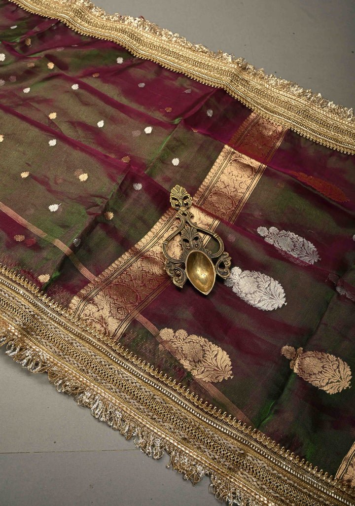 Purple-Green Dual tone Organza Tissue Silk Saree with Sona Rupa Zari Buttas and Fancy Lace Trim Border | SILK MARK CERTIFIED | SHOBITAM