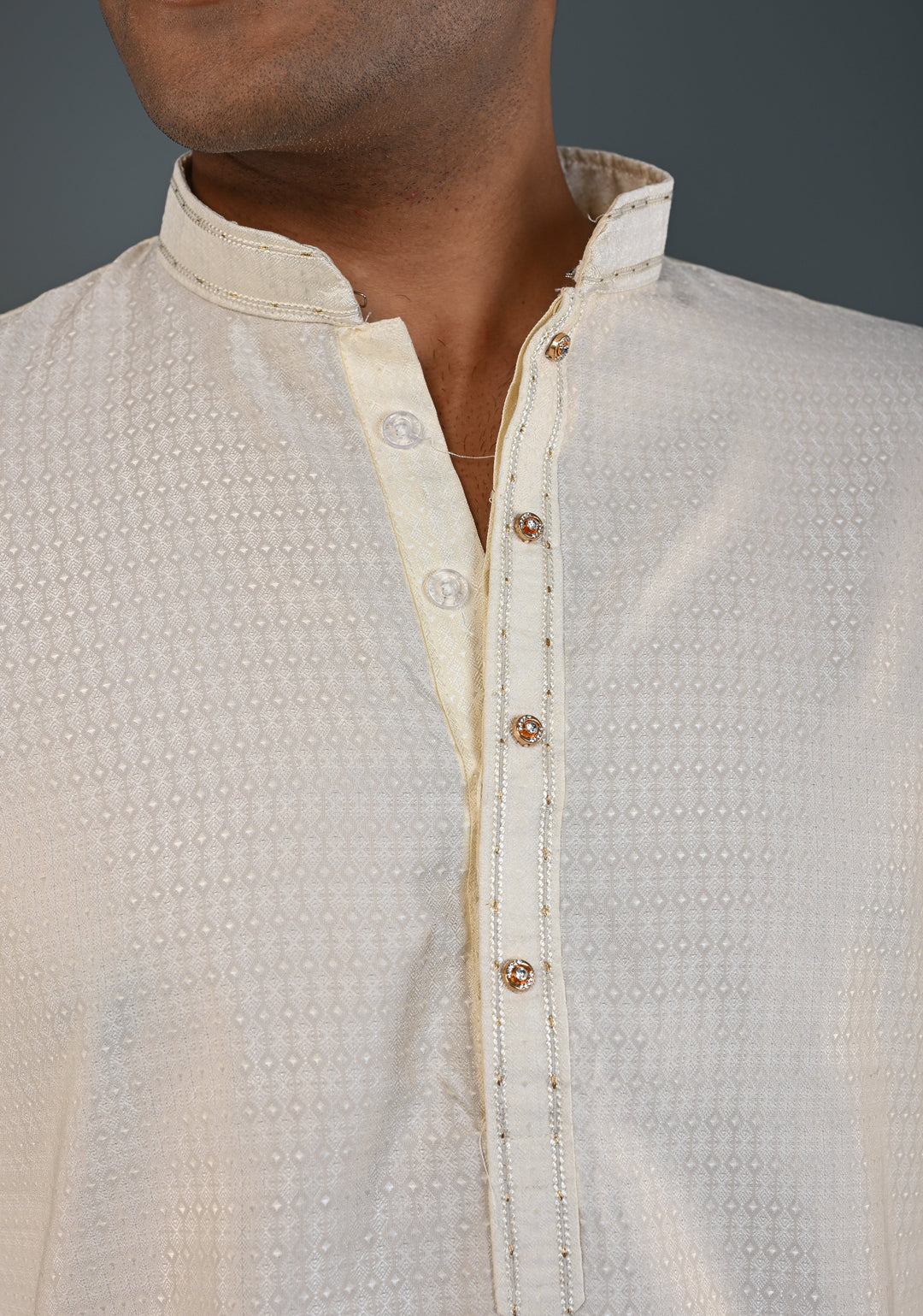 Off White Kurta with Brocade and Pajama Set for Men | Made to Order