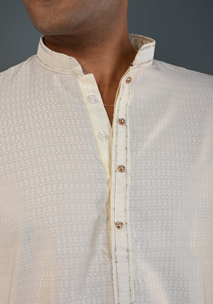 Off White Kurta with Brocade and Pajama Set for Men | Made to Order