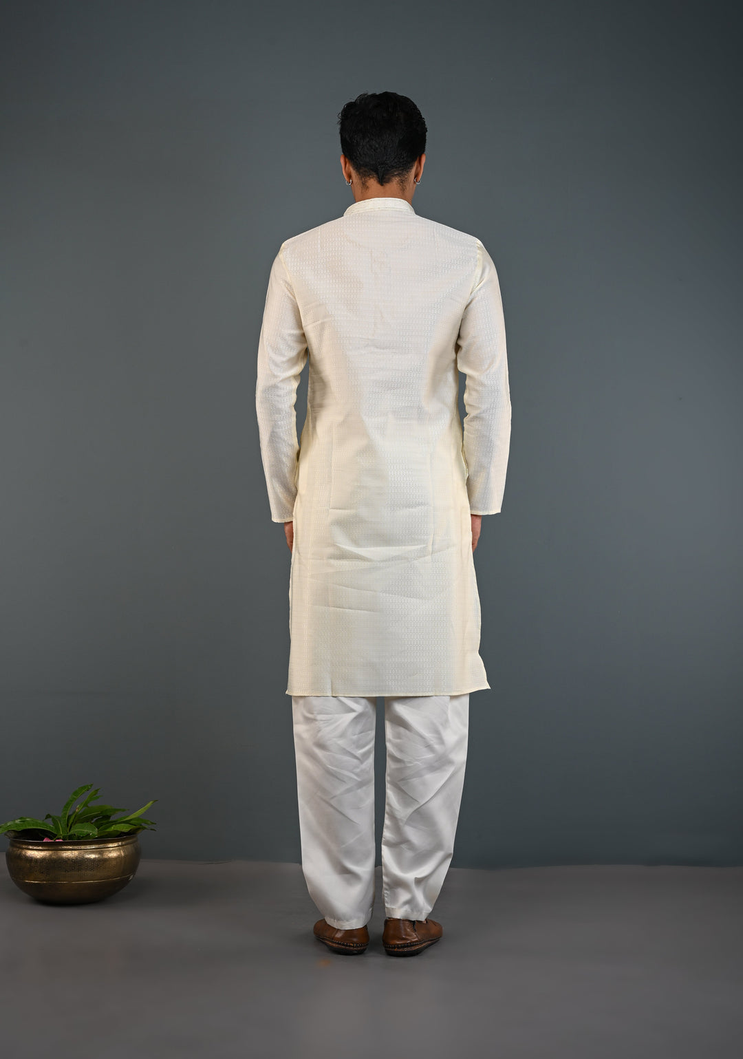 Off White Kurta with Brocade and Pajama Set for Men | Made to Order