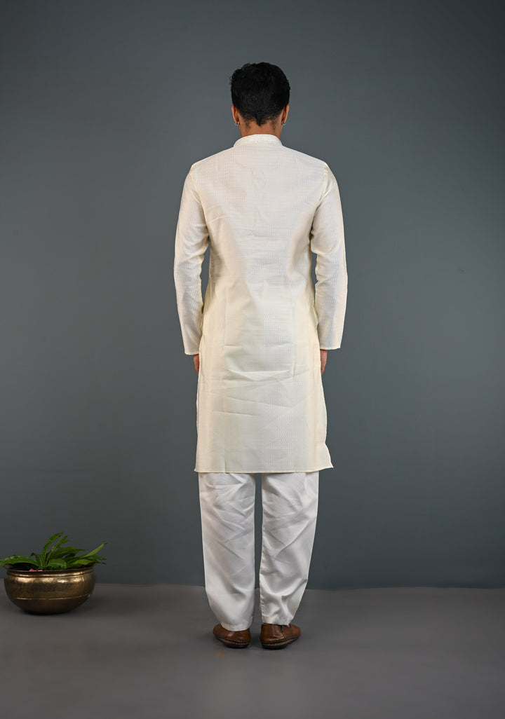 Off White Kurta with Brocade and Pajama Set for Men | Made to Order