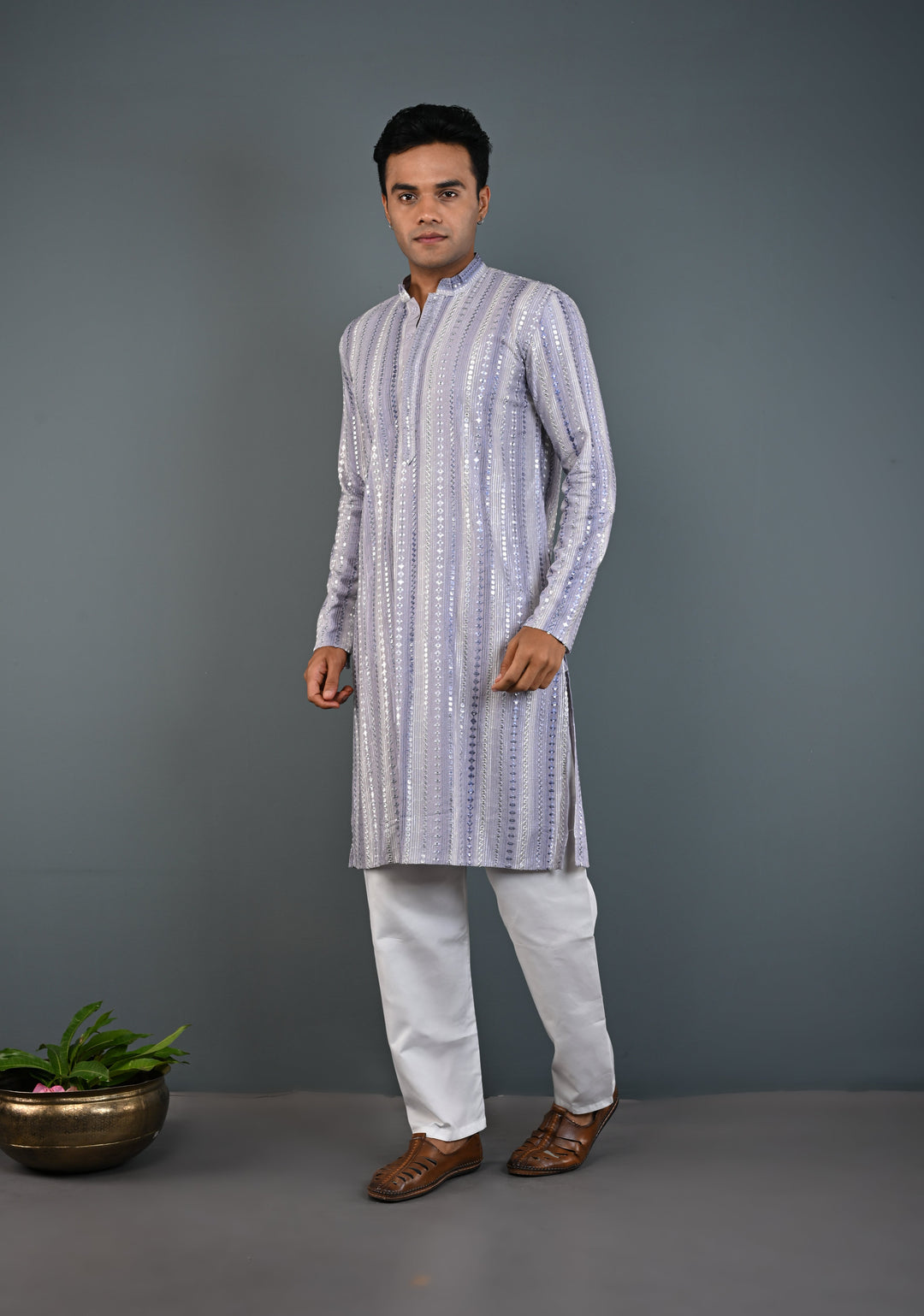 Dusty Lilac Kurta with Brocade and Sequins Pajama Set for Men | Made to Order