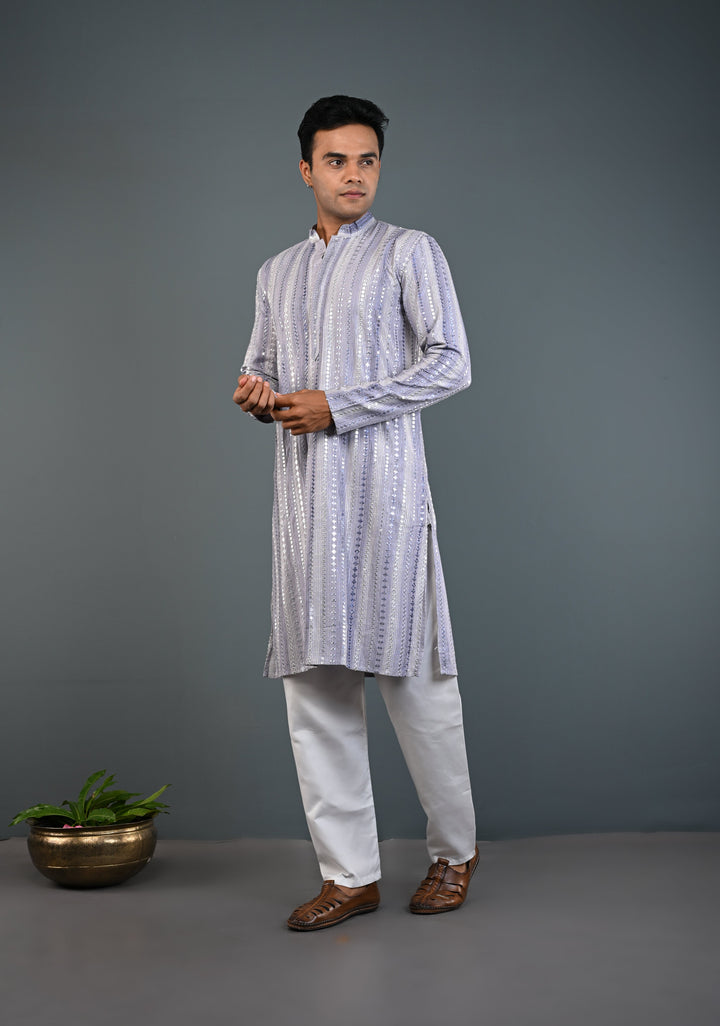 Dusty Lilac Kurta with Brocade and Sequins Pajama Set for Men | Made to Order