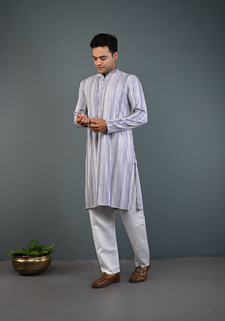 Dusty Lilac Kurta with Brocade and Sequins Pajama Set for Men | Made to Order