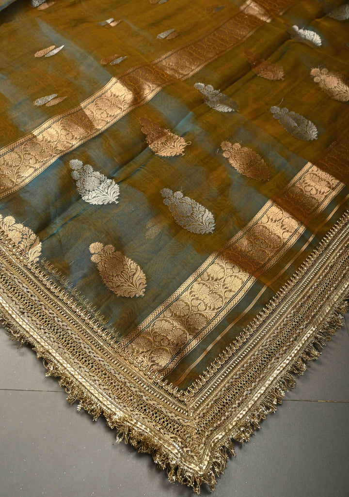 Mustard-Blue Dual tone Organza Silk Saree with Sona Rupa Zari Buttas and Fancy Lace Trim Border | SILK MARK CERTIFIED | SHOBITAM