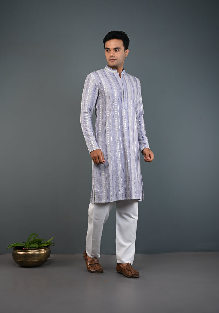 Dusty Lilac Kurta with Brocade and Sequins Pajama Set for Men | Made to Order