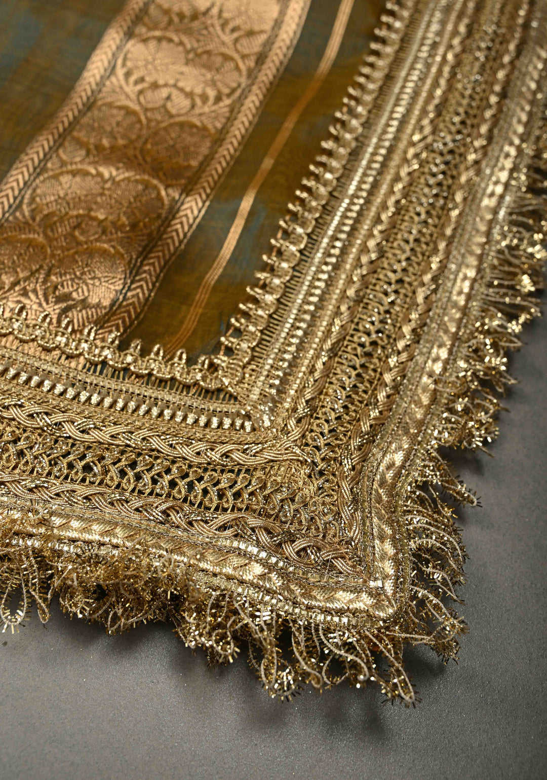 Mustard-Blue Dual tone Organza Silk Saree with Sona Rupa Zari Buttas and Fancy Lace Trim Border | SILK MARK CERTIFIED | SHOBITAM