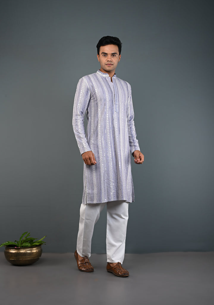 Dusty Lilac Kurta with Brocade and Sequins Pajama Set for Men | Made to Order