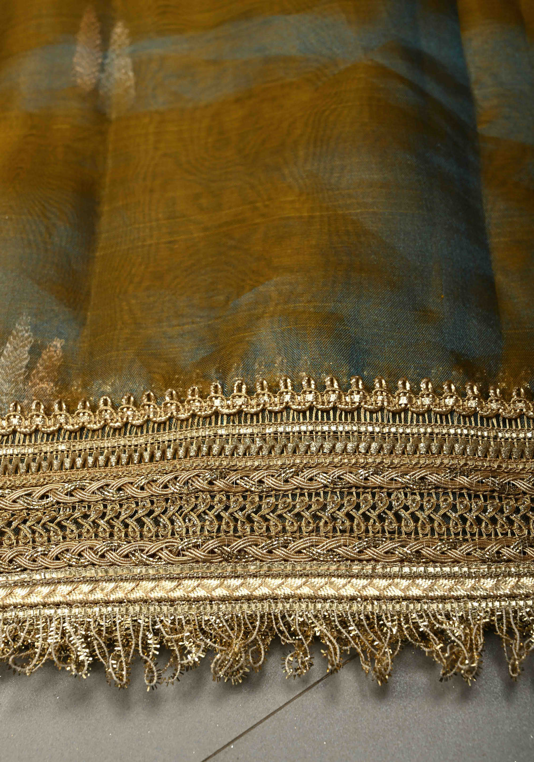 Mustard-Blue Dual tone Organza Silk Saree with Sona Rupa Zari Buttas and Fancy Lace Trim Border | SILK MARK CERTIFIED | SHOBITAM
