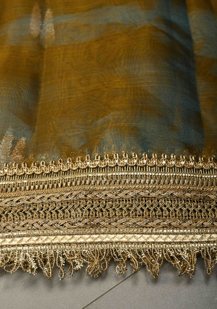 Mustard-Blue Dual tone Organza Silk Saree with Sona Rupa Zari Buttas and Fancy Lace Trim Border | SILK MARK CERTIFIED | SHOBITAM