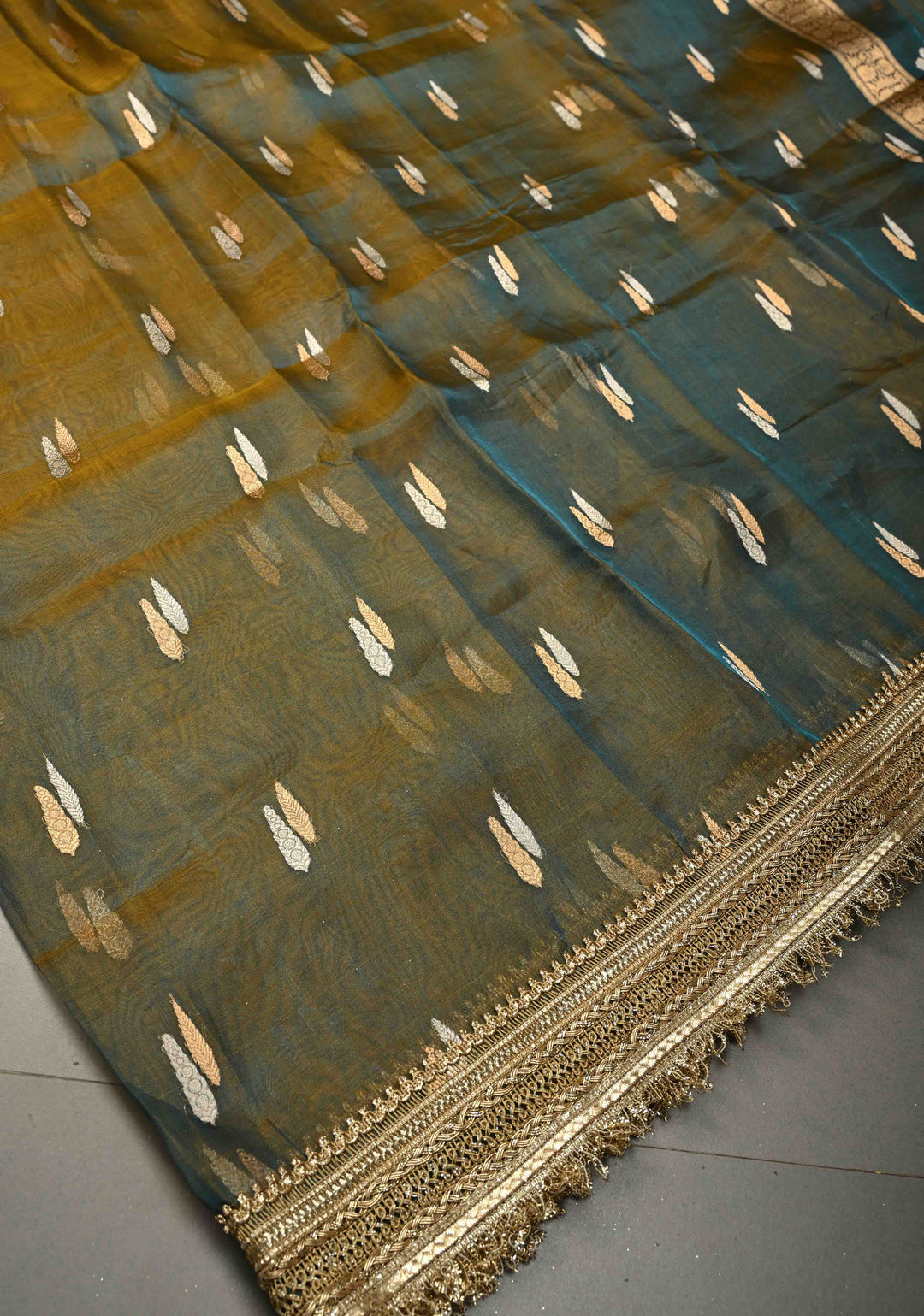 Mustard-Blue Dual tone Organza Silk Saree with Sona Rupa Zari Buttas and Fancy Lace Trim Border | SILK MARK CERTIFIED | SHOBITAM