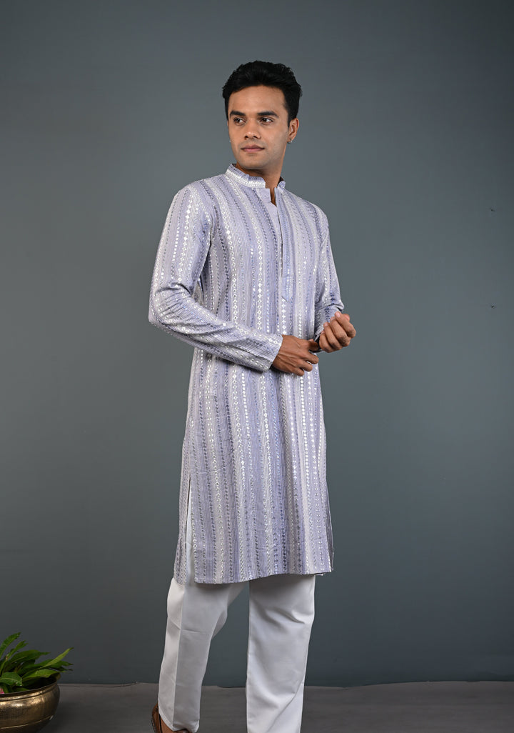 Dusty Lilac Kurta with Brocade and Sequins Pajama Set for Men | Made to Order