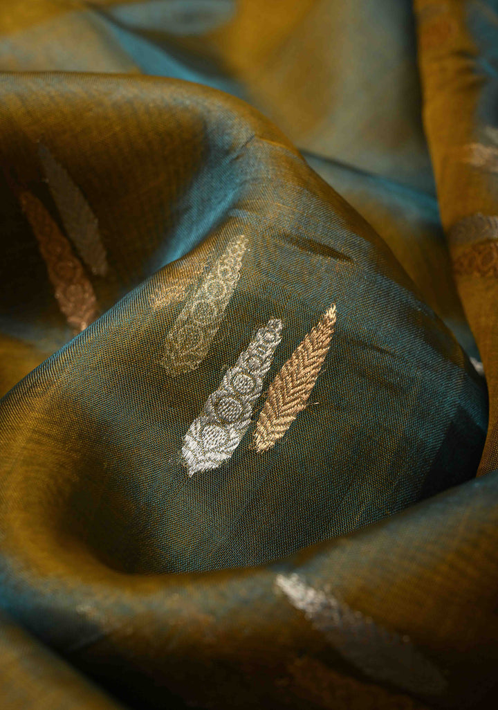Mustard-Blue Dual tone Organza Silk Saree with Sona Rupa Zari Buttas and Fancy Lace Trim Border | SILK MARK CERTIFIED | SHOBITAM