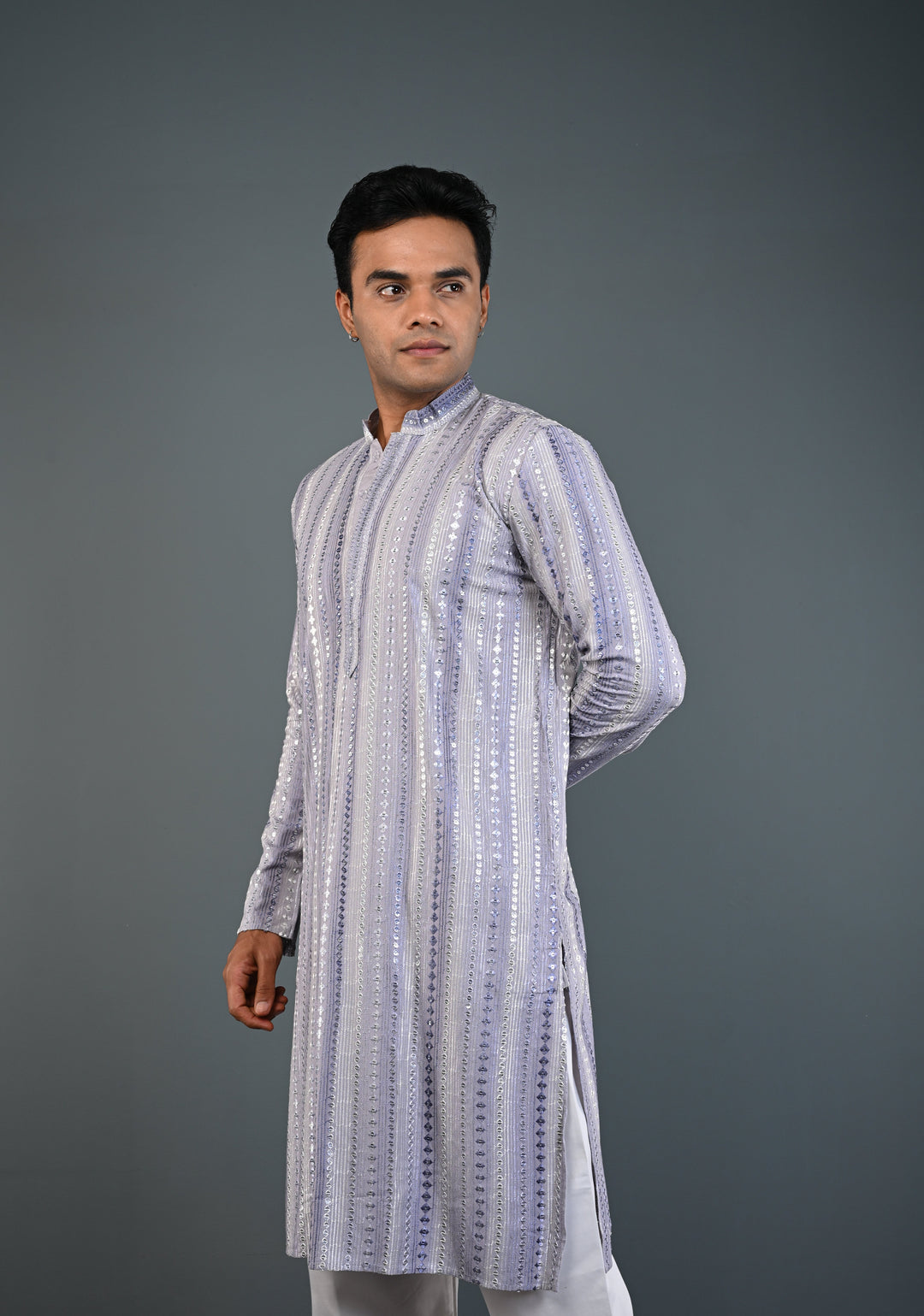 Dusty Lilac Kurta with Brocade and Sequins Pajama Set for Men | Made to Order