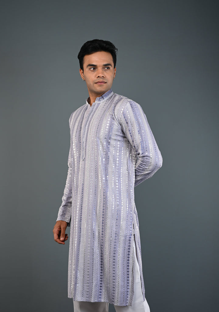 Dusty Lilac Kurta with Brocade and Sequins Pajama Set for Men | Made to Order