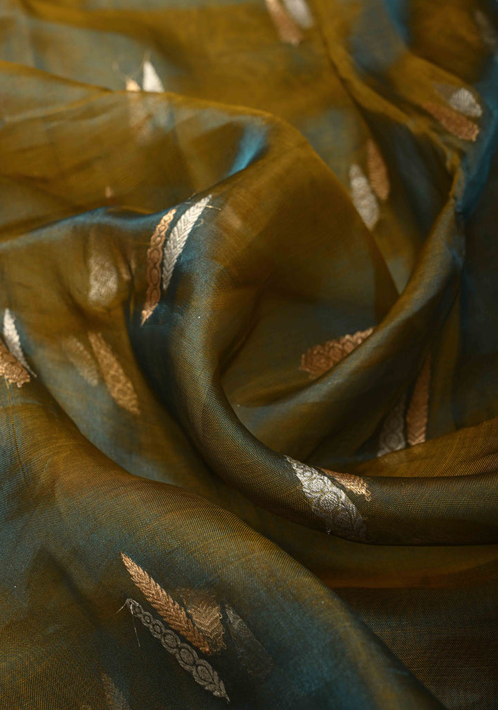 Mustard-Blue Dual tone Organza Silk Saree with Sona Rupa Zari Buttas and Fancy Lace Trim Border | SILK MARK CERTIFIED | SHOBITAM