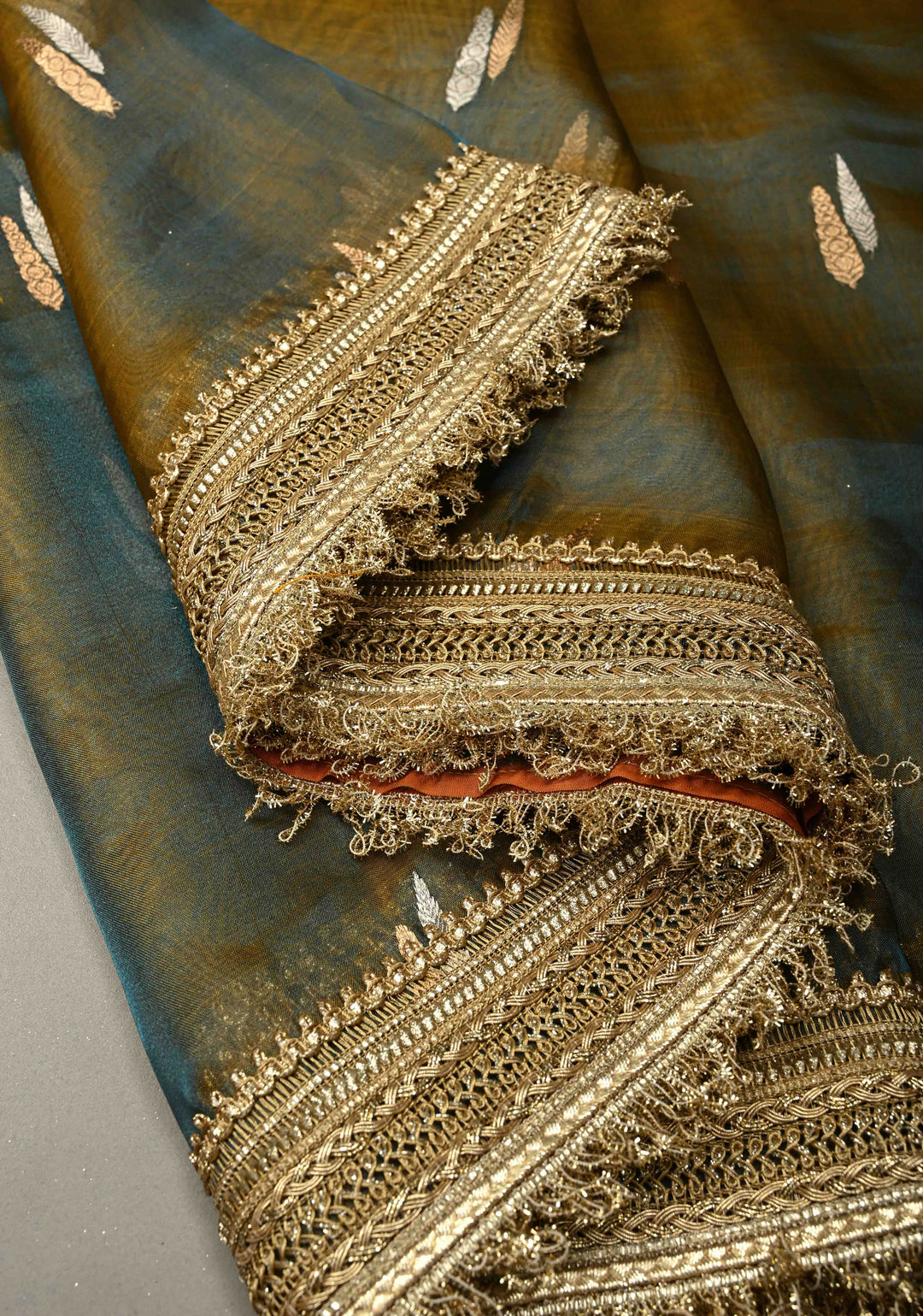 Mustard-Blue Dual tone Organza Silk Saree with Sona Rupa Zari Buttas and Fancy Lace Trim Border | SILK MARK CERTIFIED | SHOBITAM