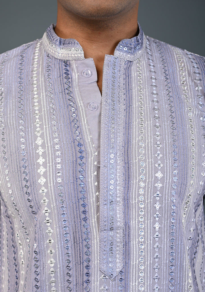 Dusty Lilac Kurta with Brocade and Sequins Pajama Set for Men | Made to Order