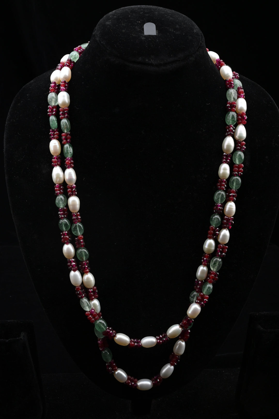 Ruby Emerald Freshwater Pearl Double Layer Necklace | SHOBITAM