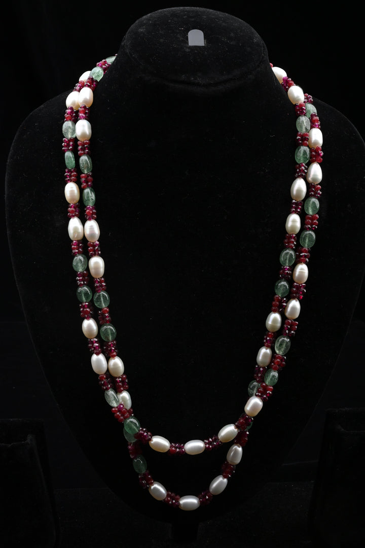 Ruby Emerald Freshwater Pearl Double Layer Necklace | SHOBITAM