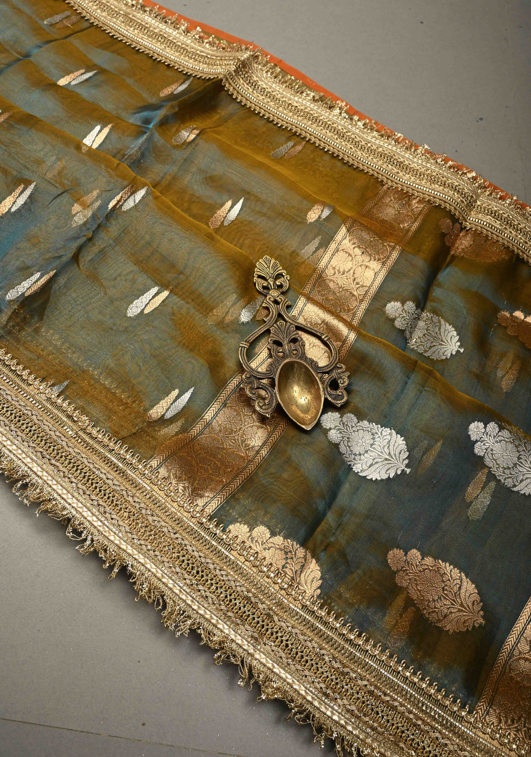 Mustard-Blue Dual tone Organza Silk Saree with Sona Rupa Zari Buttas and Fancy Lace Trim Border | SILK MARK CERTIFIED | SHOBITAM
