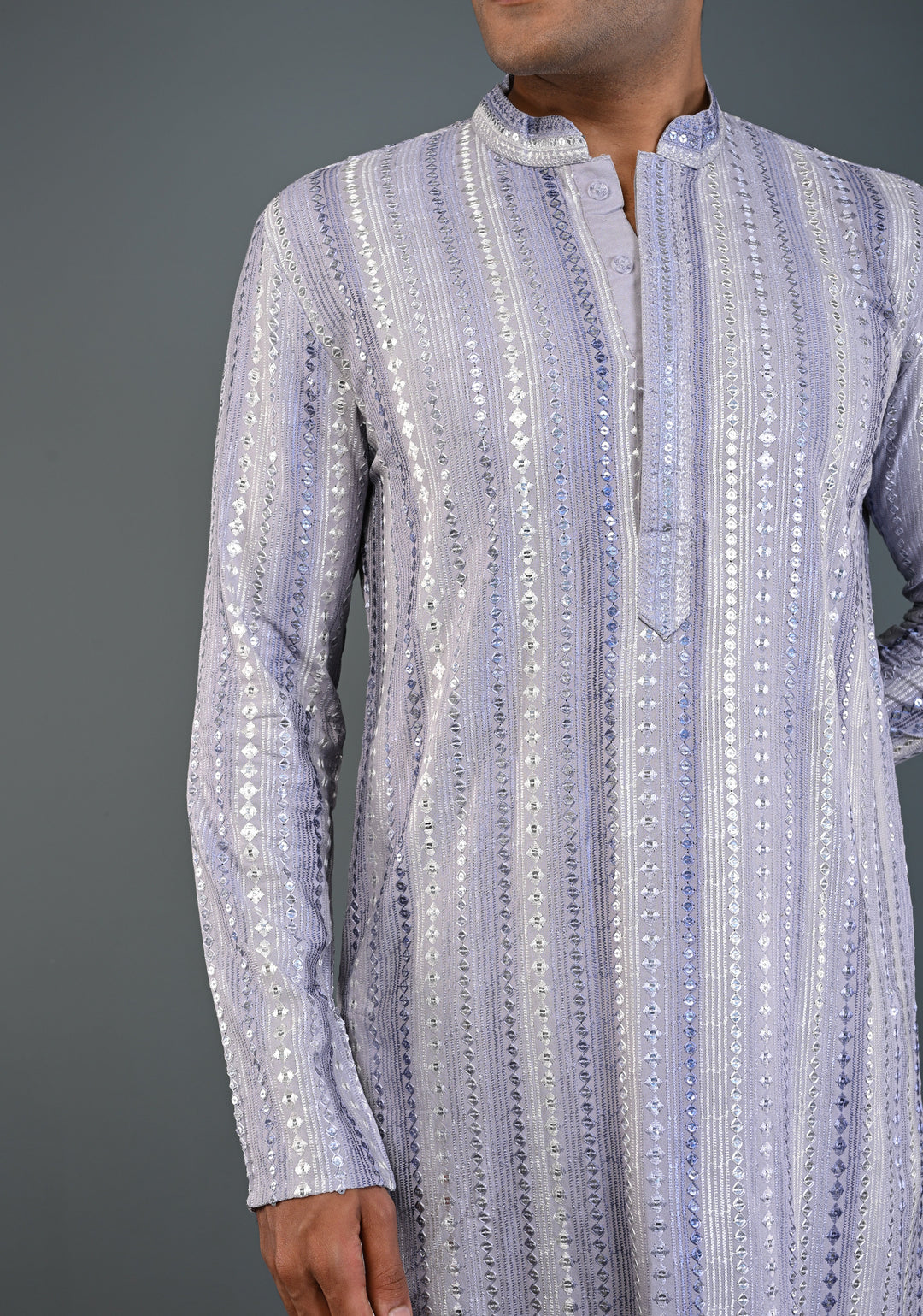 Dusty Lilac Kurta with Brocade and Sequins Pajama Set for Men | Made to Order