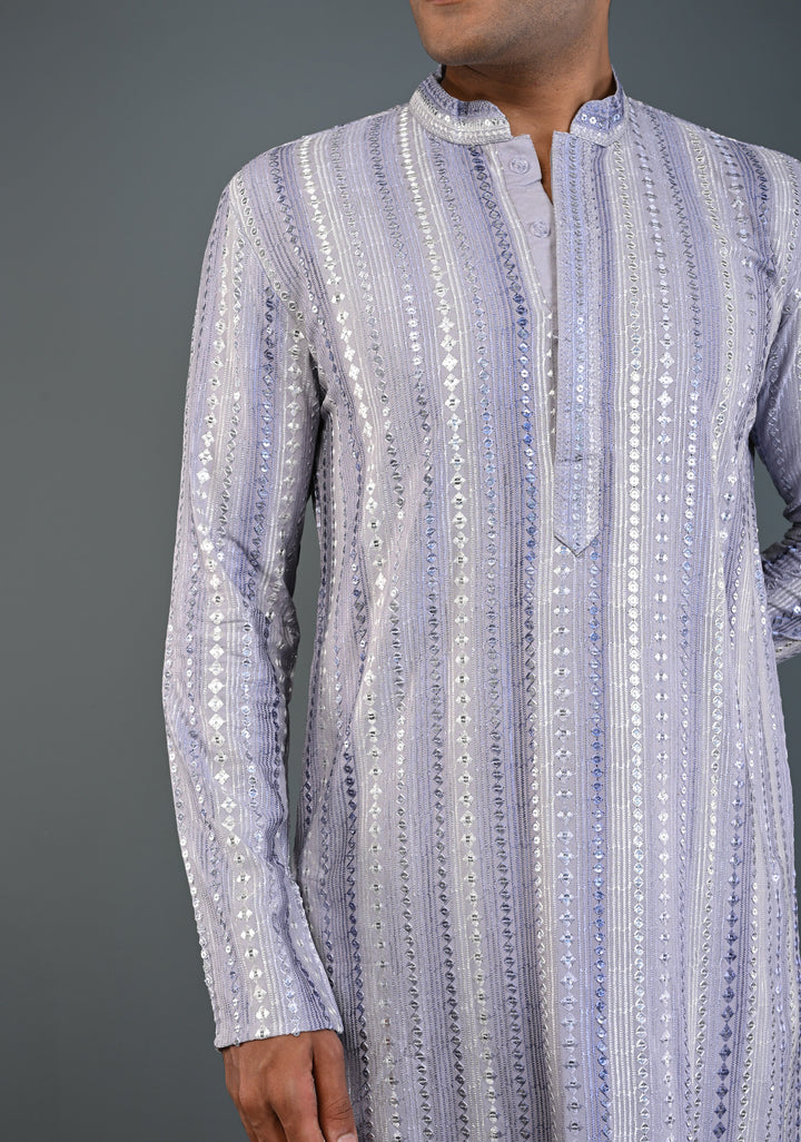 Dusty Lilac Kurta with Brocade and Sequins Pajama Set for Men | Made to Order