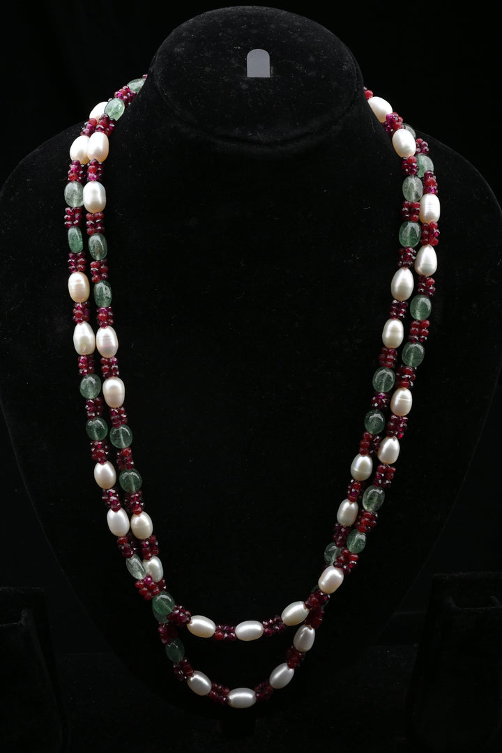 Ruby Emerald Freshwater Pearl Double Layer Necklace | SHOBITAM
