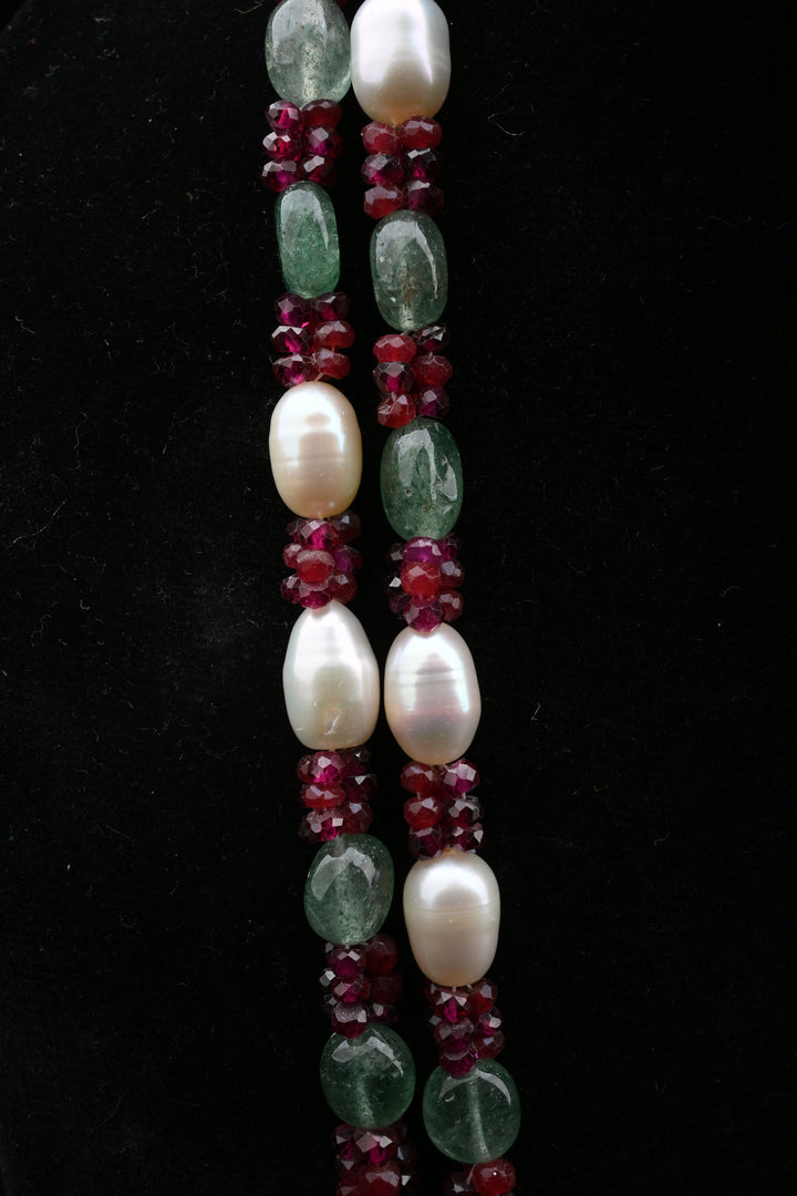 Ruby Emerald Freshwater Pearl Double Layer Necklace | SHOBITAM