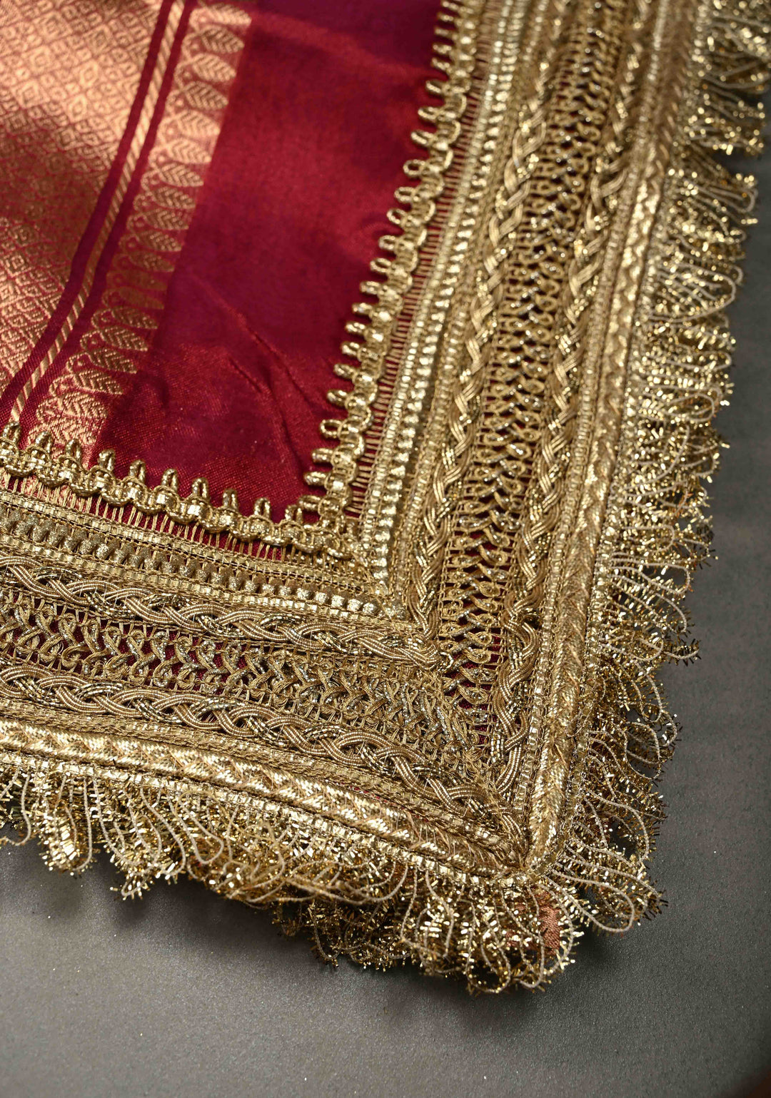 Pink-Maroon Dual Tone Pure Banarasi Organza Tissue Silk Saree with Sona Rupa Floral Zari Buttas and Fancy Trim Lace Border| SILK MARK CERTIFIED | SHOBITAM
