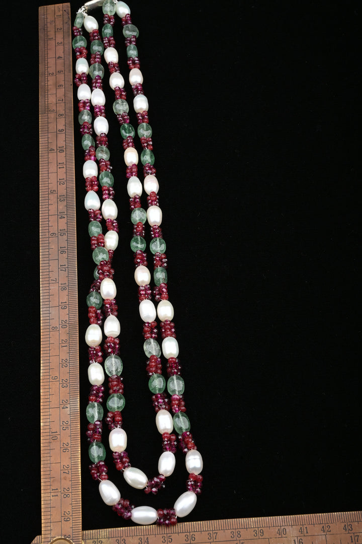 Ruby Emerald Freshwater Pearl Double Layer Necklace | SHOBITAM