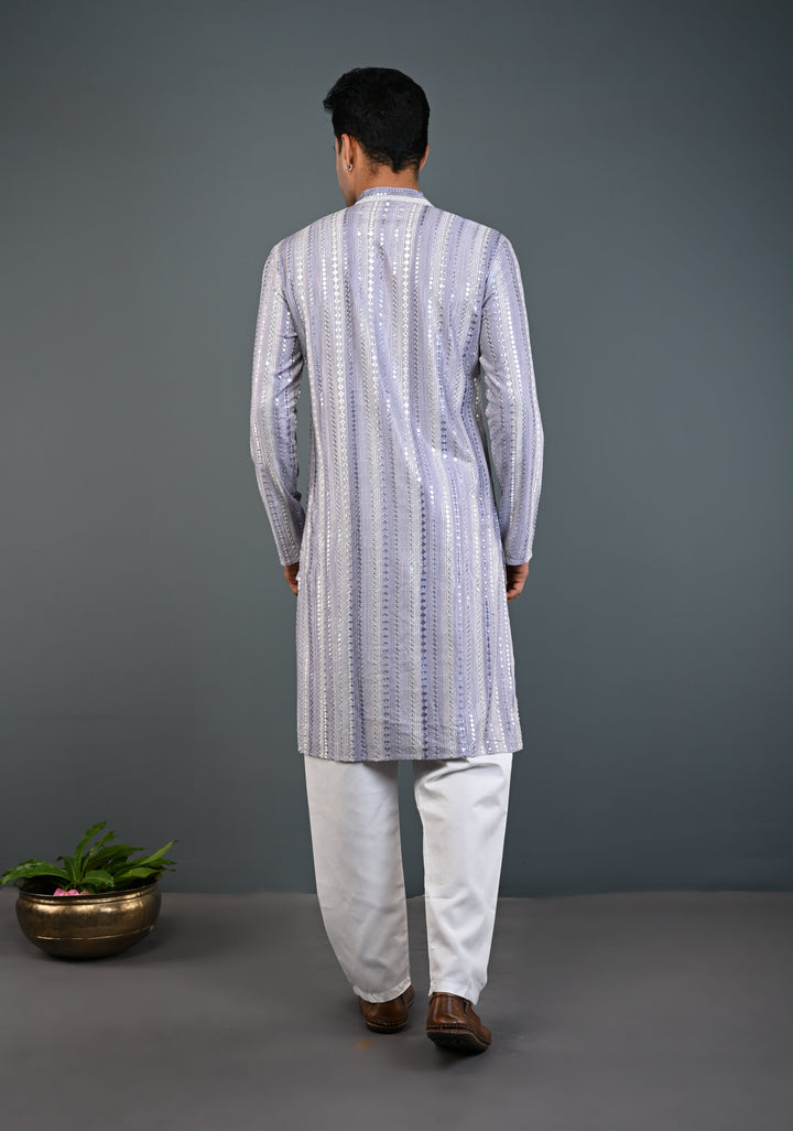 Dusty Lilac Kurta with Brocade and Sequins Pajama Set for Men | Made to Order
