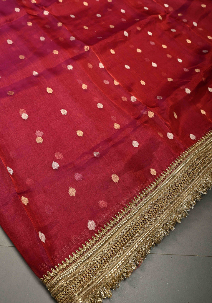 Pink-Maroon Dual Tone Pure Banarasi Organza Tissue Silk Saree with Sona Rupa Floral Zari Buttas and Fancy Trim Lace Border| SILK MARK CERTIFIED | SHOBITAM