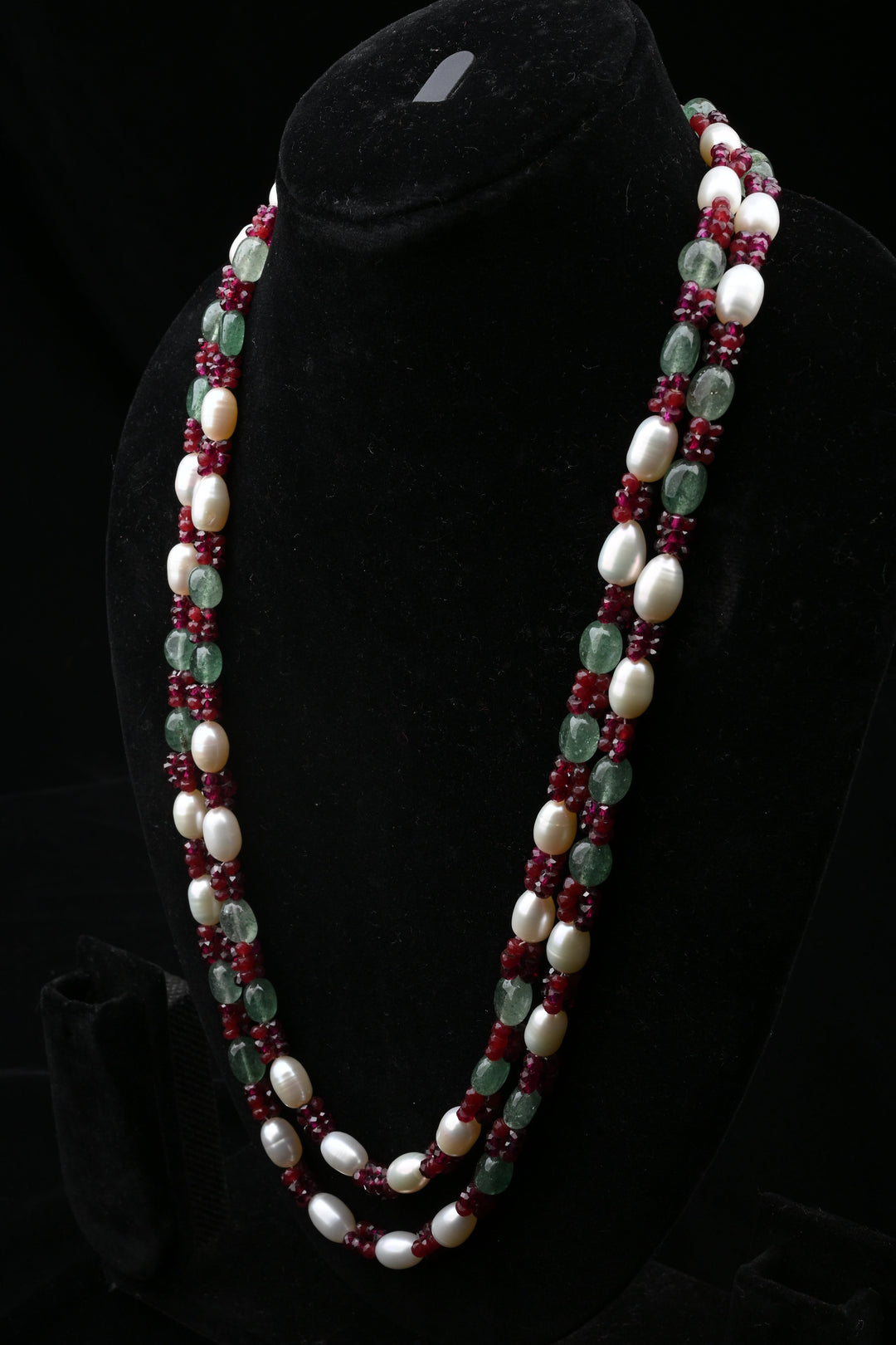 Ruby Emerald Freshwater Pearl Double Layer Necklace | SHOBITAM