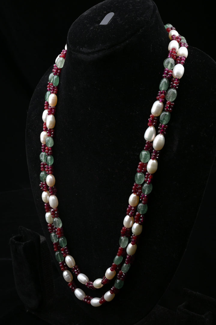 Ruby Emerald Freshwater Pearl Double Layer Necklace | SHOBITAM