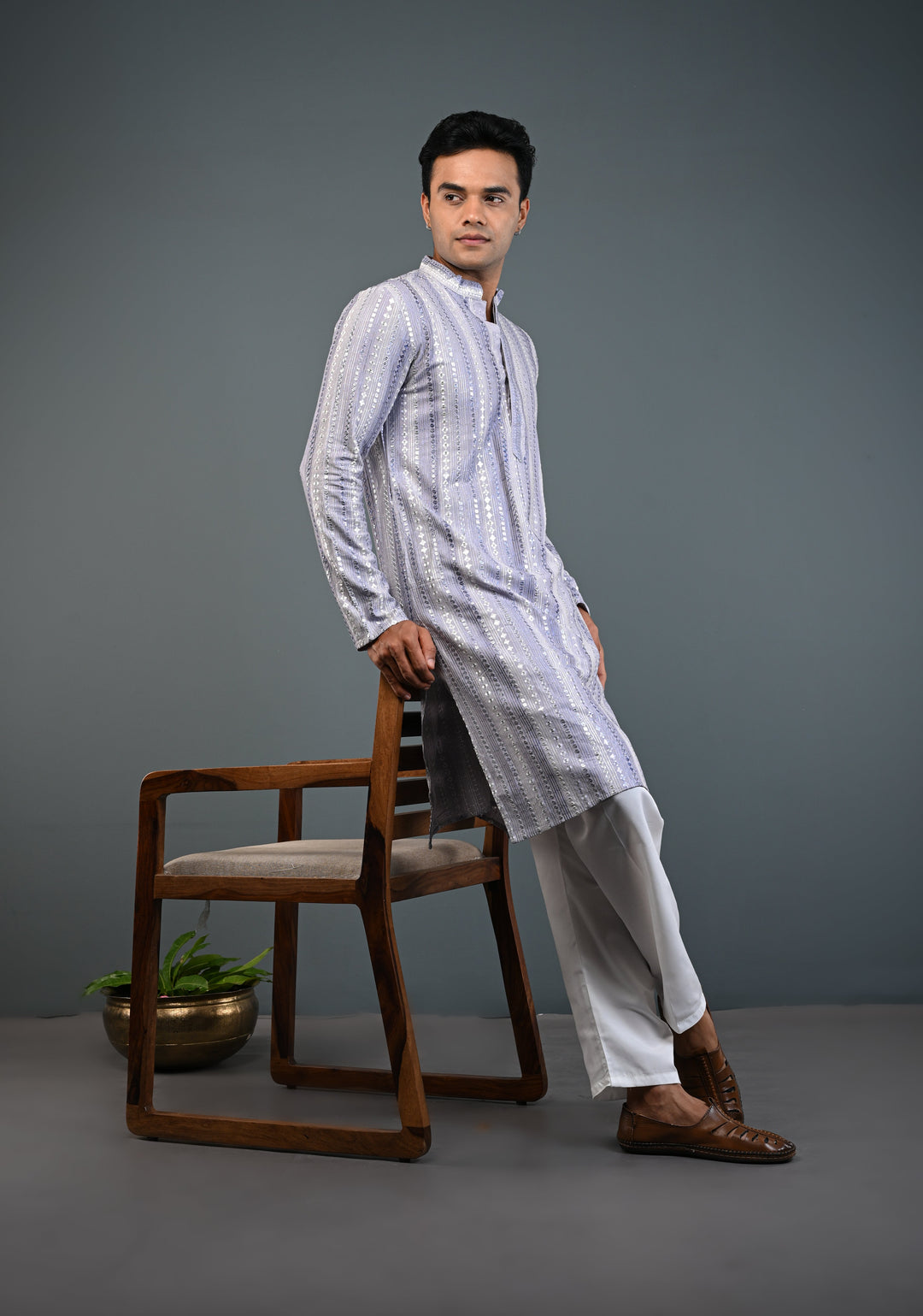 Dusty Lilac Kurta with Brocade and Sequins Pajama Set for Men | Made to Order