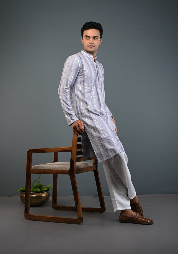Dusty Lilac Kurta with Brocade and Sequins Pajama Set for Men | Made to Order