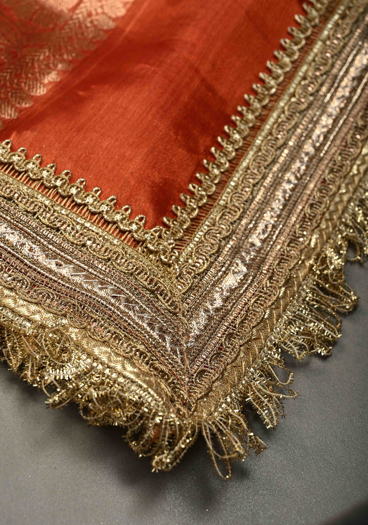 Orange Pure Banarasi Organza Tissue Silk Saree with Sona Rupa Floral Zari Buttas and Fancy Trim Lace Border | SILK MARK CERTIFIED | SHOBITAM