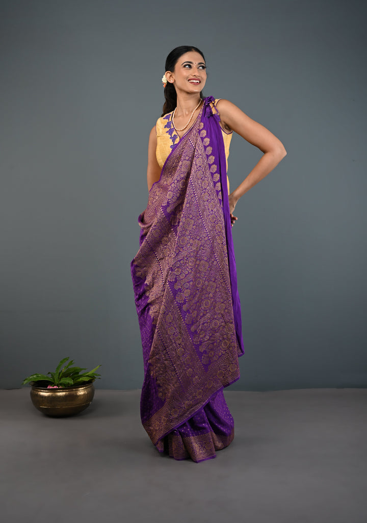 Banarasi Georgette Silk Saree with Chunri Butti and and Oxidized Zari Border | SILK MARK CERTIFIED