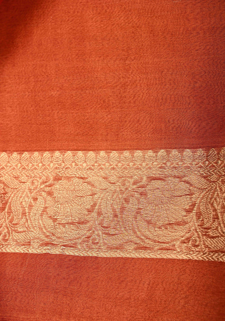 Orange Pure Banarasi Organza Tissue Silk Saree with Sona Rupa Floral Zari Buttas and Fancy Trim Lace Border | SILK MARK CERTIFIED | SHOBITAM