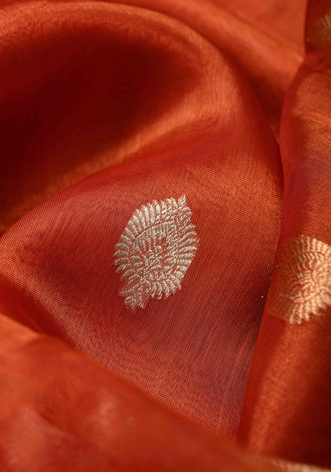 Orange Pure Banarasi Organza Tissue Silk Saree with Sona Rupa Floral Zari Buttas and Fancy Trim Lace Border | SILK MARK CERTIFIED | SHOBITAM