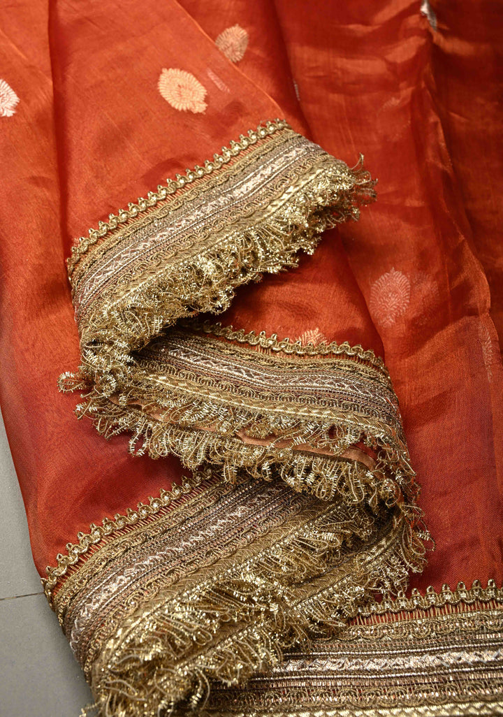 Orange Pure Banarasi Organza Tissue Silk Saree with Sona Rupa Floral Zari Buttas and Fancy Trim Lace Border | SILK MARK CERTIFIED | SHOBITAM