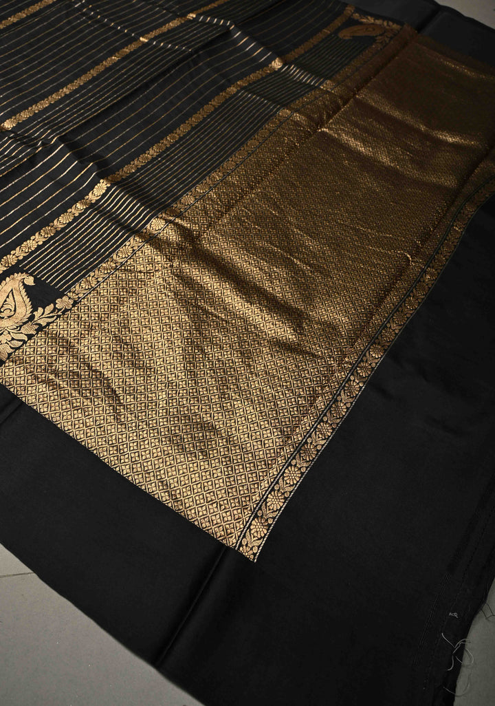 Black Banarasi Katan Silk Saree with Sona Rupa Vertical Stripes and Satin Border | SILK MARK CERTIFIED | SHOBITAM