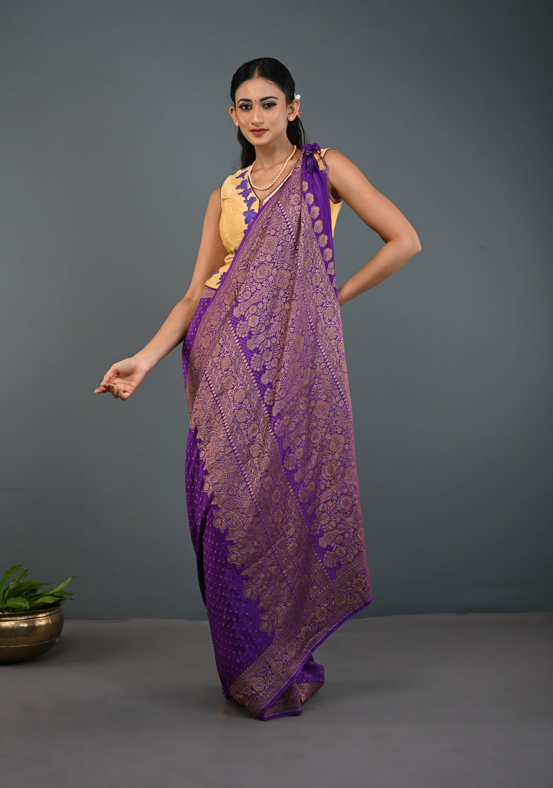 Banarasi Georgette Silk Saree with Chunri Butti and and Oxidized Zari Border | SILK MARK CERTIFIED