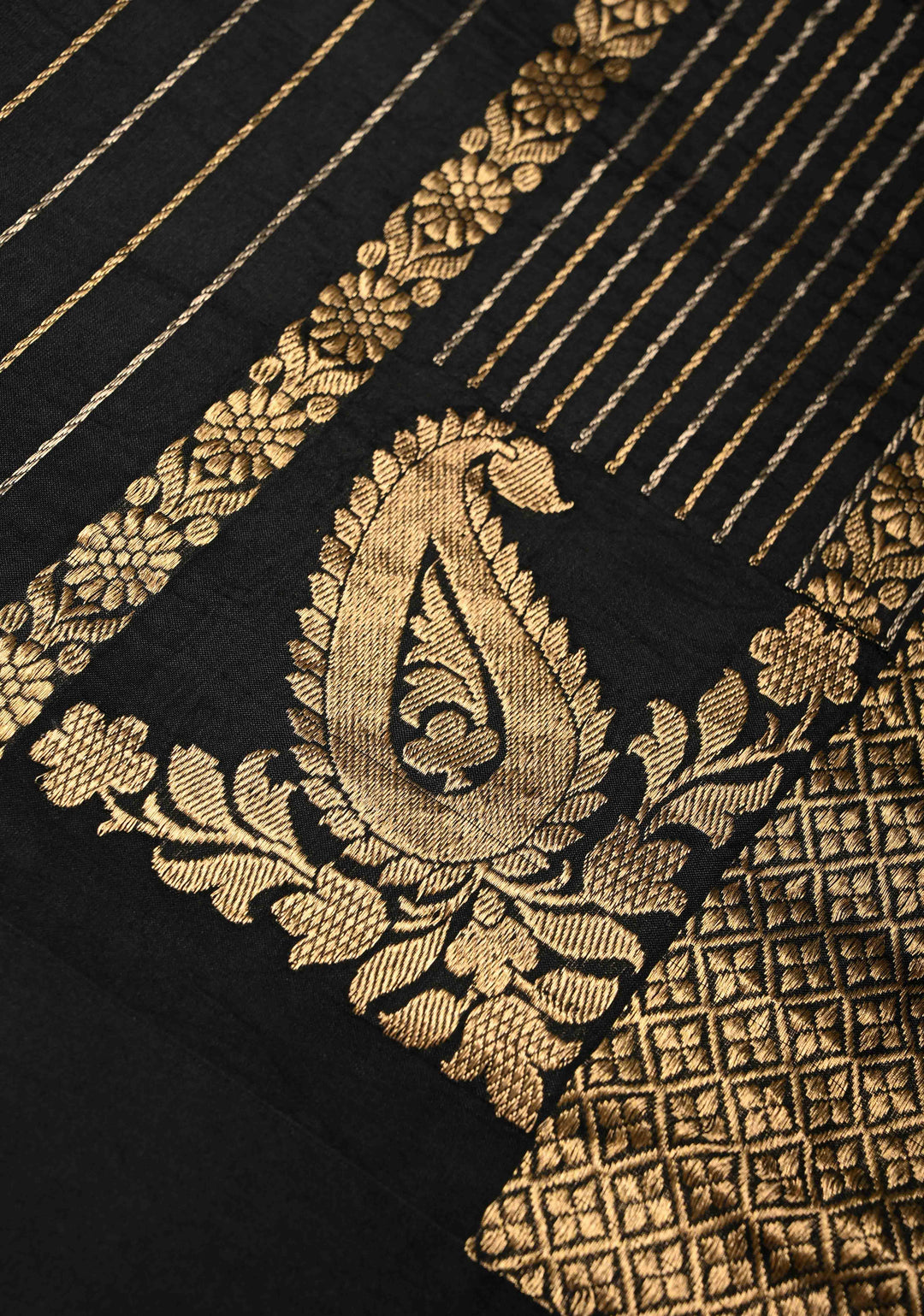 Black Banarasi Katan Silk Saree with Sona Rupa Vertical Stripes and Satin Border | SILK MARK CERTIFIED | SHOBITAM
